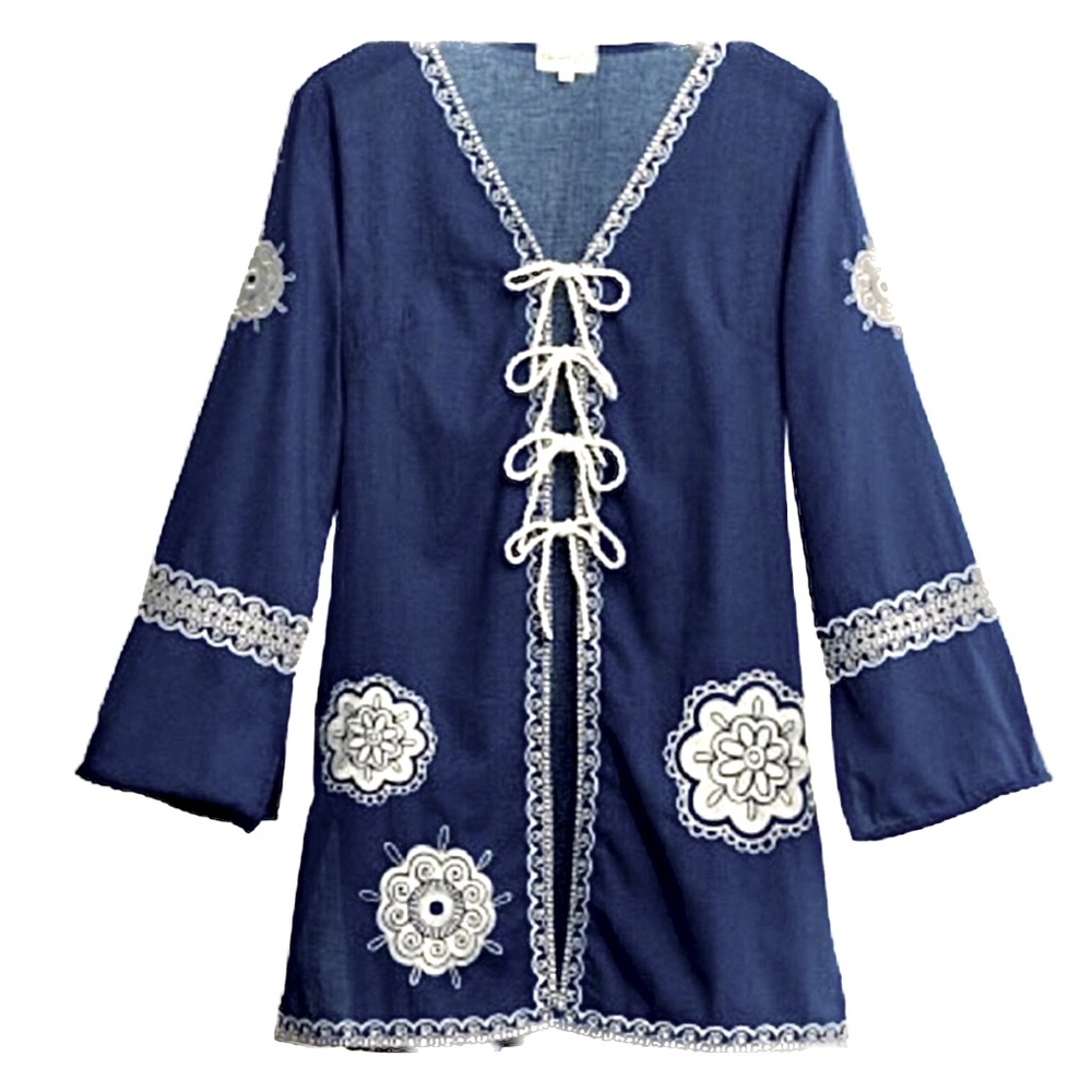 MUD PIE Embroidered Long Sleeve Beach
Cover-up or Cardigan NWT Navy size L